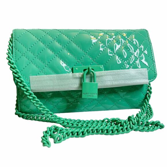 KURT GEIGER Brixton Leather Wallet Quilted Crossbody Chain Turquoise Green NWT - Picture 2 of 11
